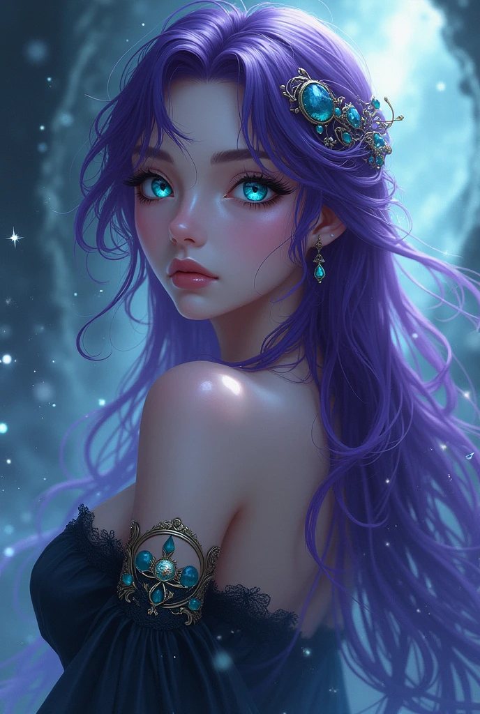 Anime goddess of darkness, with long purple hair and aqua green eyes