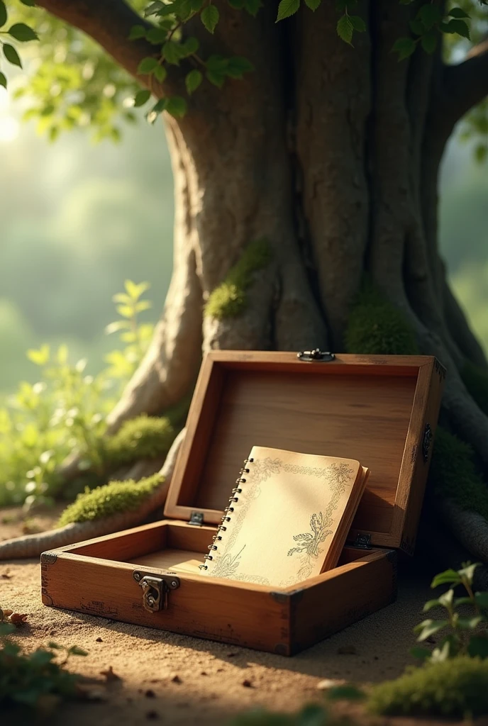 wooden box with a notebook inside the box and next to a tree
