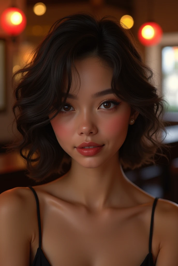 (Photorealism:1.2), beautiful girl, . She is short, Curly hair to the shoulders,Both cheeks are covered with hair. She smiles shyly,The background is an elegant luxury pub,Ultra-detailed and super-fine skin and face,