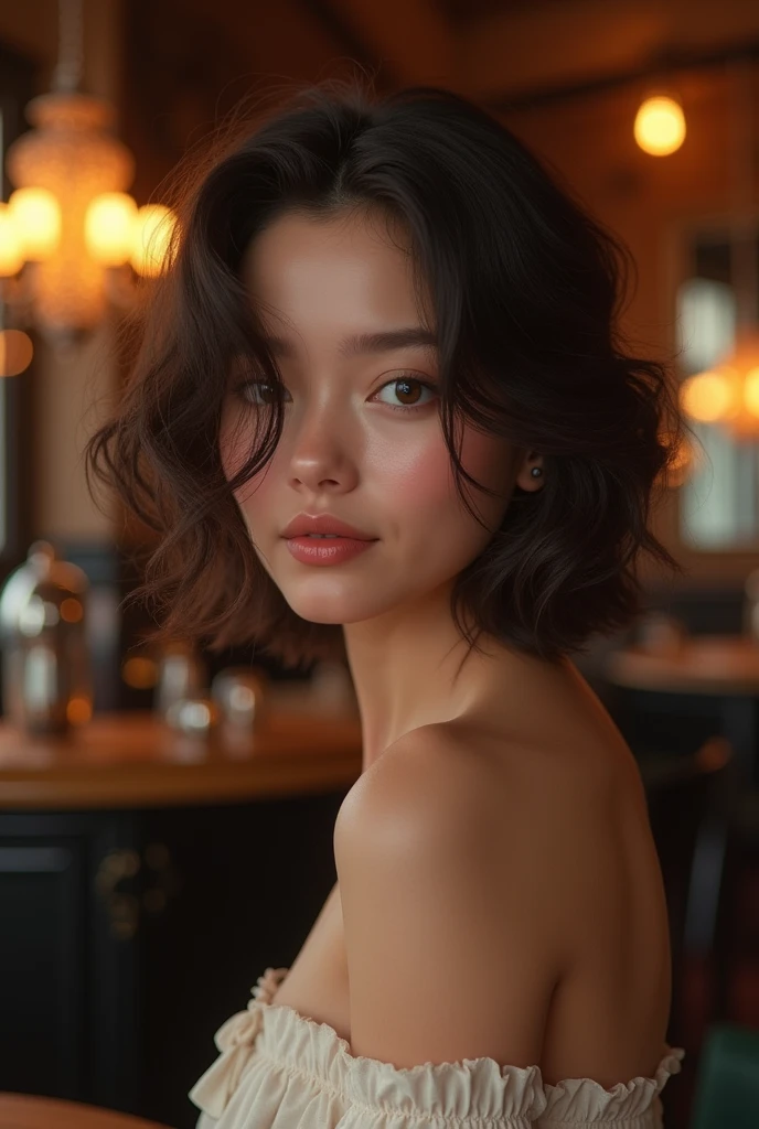 (Photorealism:1.2), beautiful girl, . She is short, Curly hair to the shoulders,Both cheeks are covered with hair. She smiles shyly,The background is an elegant luxury pub,Ultra-detailed and super-fine skin and face,