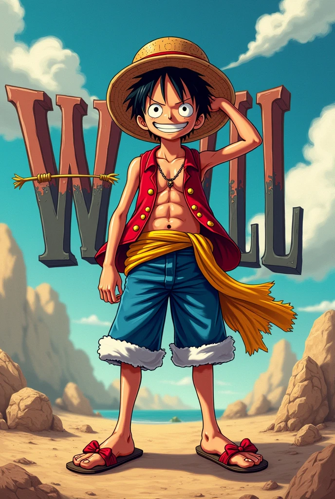 Recreate an image of Will with that name in the back and the One Piece character in front, Luffy, in 4K please and unique and make Luffy big and the best in the world, extremely beautiful