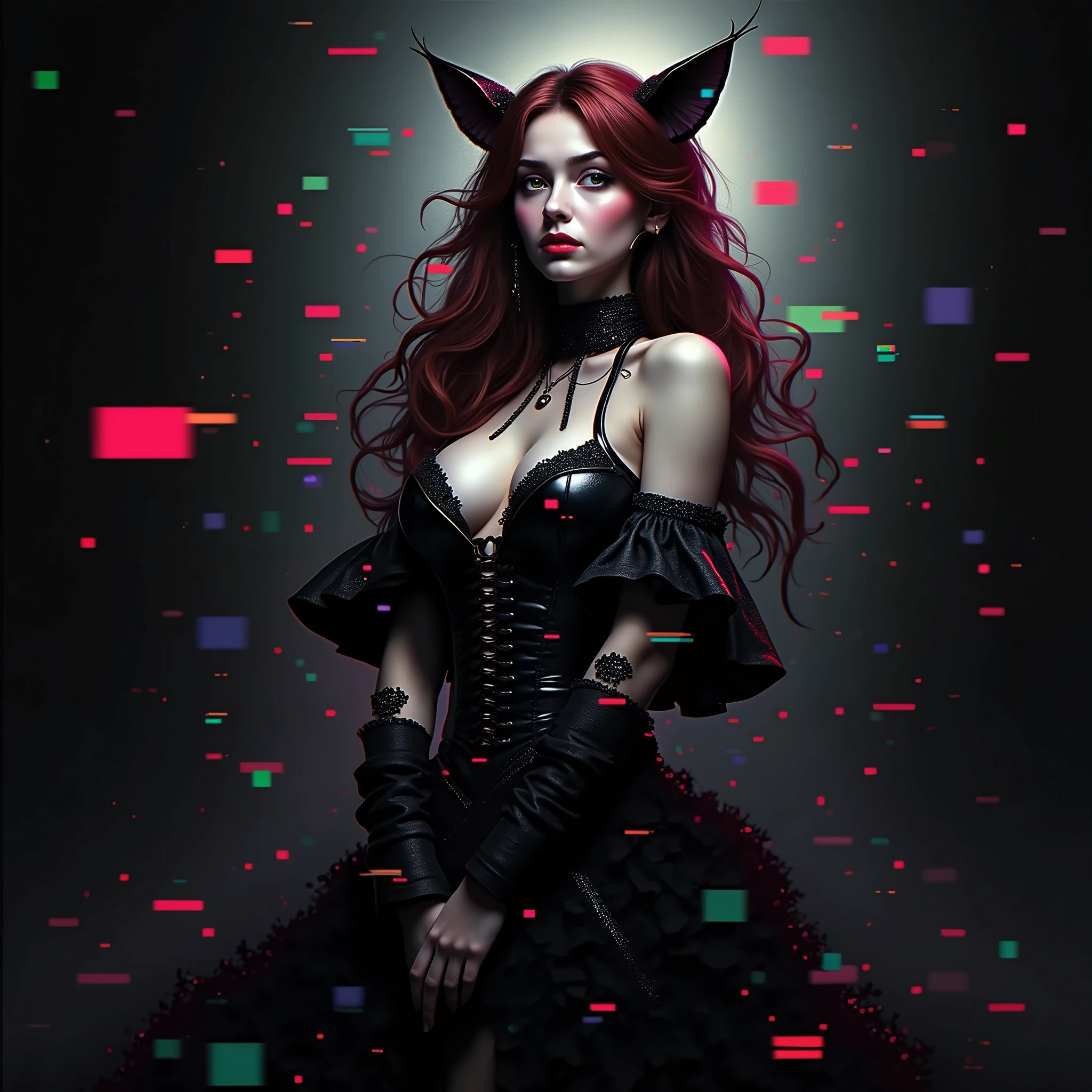 (masterpiece, top quality, best quality, official art, beautiful and aesthetic:1.2), 1girl, red hair, cat ears, (glitch art), (digital distortion), pixelated fragments, data corruption,colorful noise, visual chaos,contemporary aesthetics