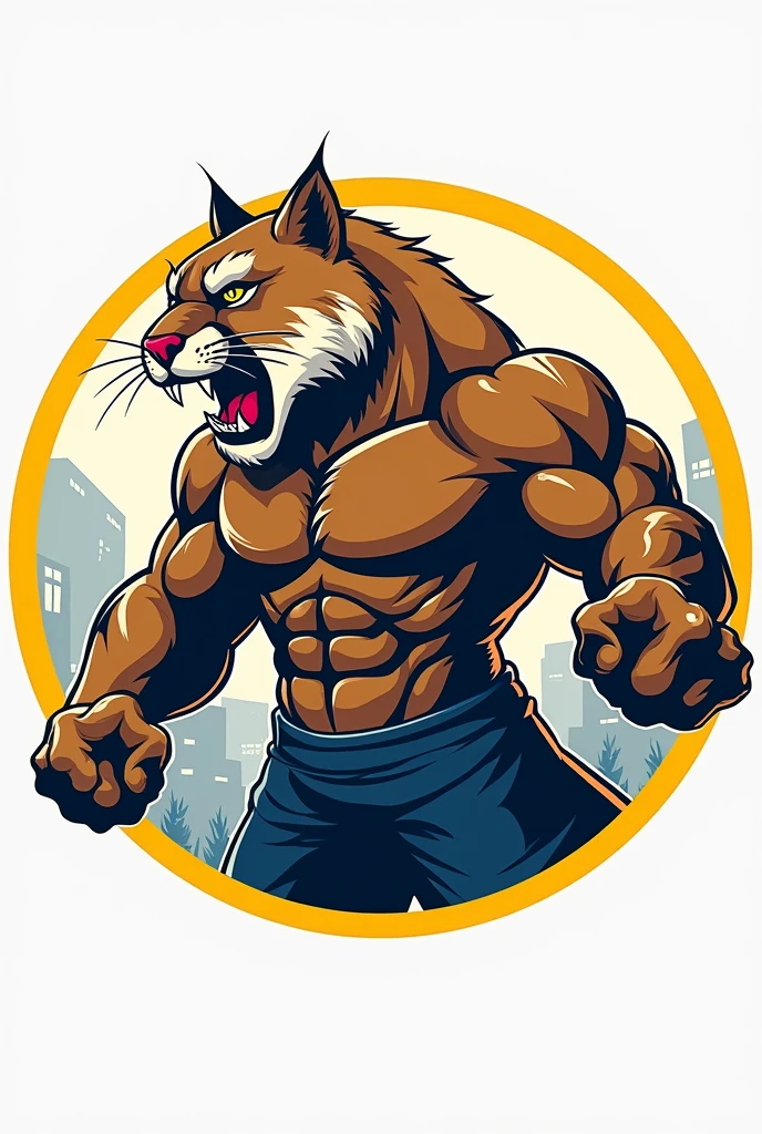 create an illustration for university athletics, use the size accepted for graphics. The frame border needs to be circular, Inside the frame, put an anthropomorphic and hypertrophied puma, centralized, From the waist up, the left arm must be flexed, displaying the muscles, the right arm stretched out, the expression is one of ferocity, aggressiveness, showing teeth, in a way that demonstrates grandeur, make her hairy. use yellow colors in the composition, blue and white. the puma is a feline with brown fur/brown skinned, do it using shorts.