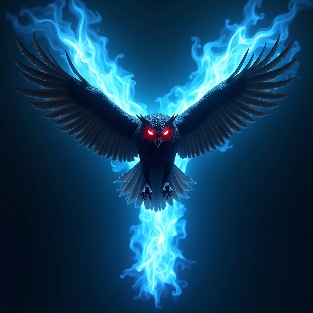 ((realisitic)) An evil red-eyed owl, flying over the blue fire letter Y.