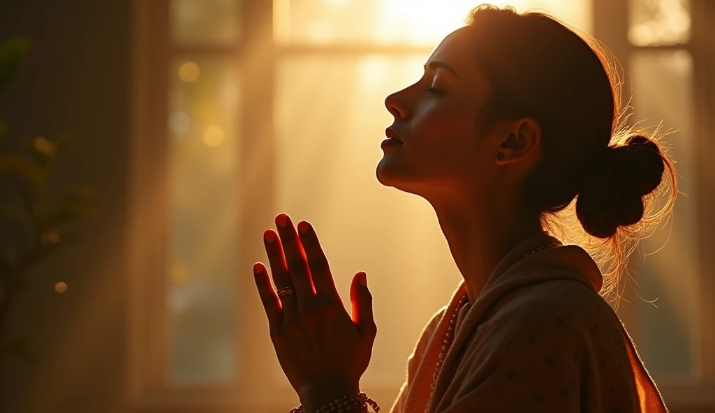 a 2 Americana woman in profile has her hands together praying, she is on her knees praying with her eyes closed, LIT WITH SUNLIGHT, ULTRA REALISTIC IMAGE, The style is a realistic photograph using a 50mm lens in 8k and applying contrast, 8K --ar 16:9 --s 1000 --v 6.0