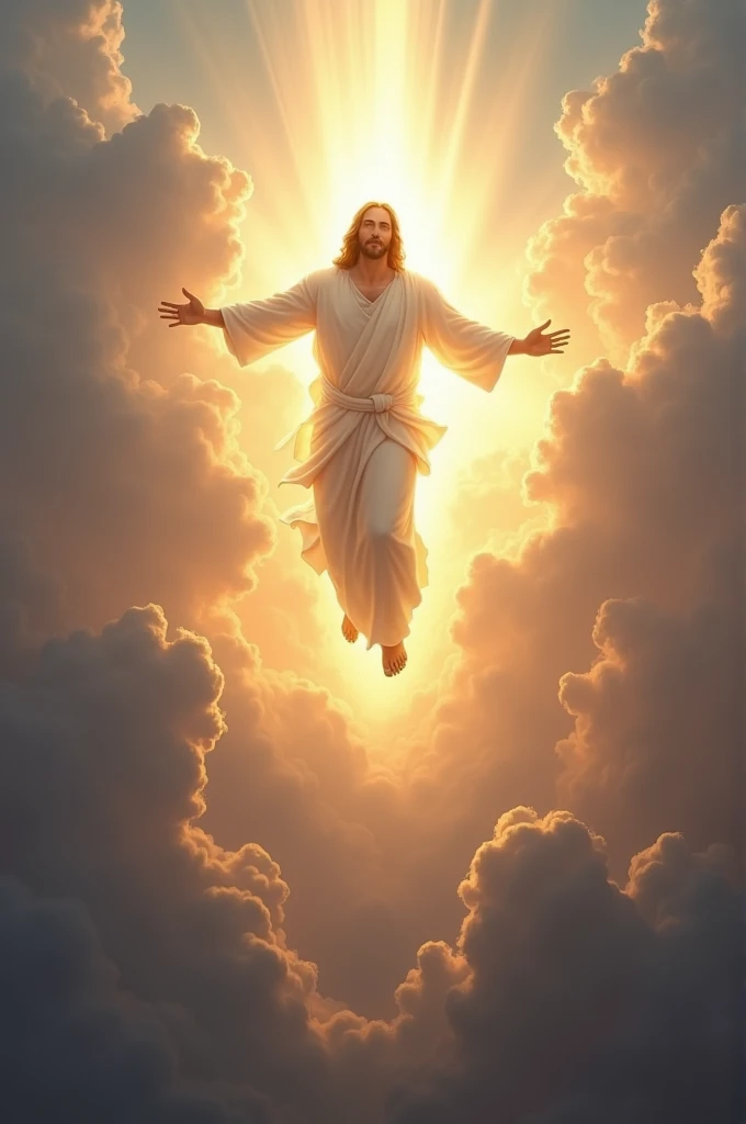 Jesus shining coming back on the clouds like a gentleman