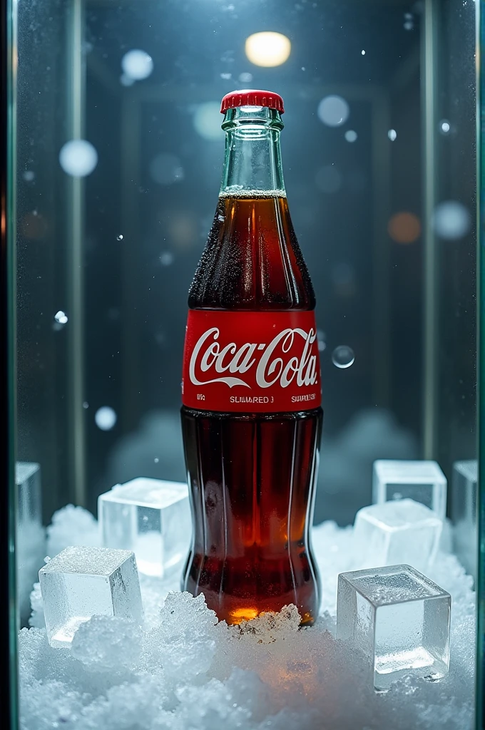 closed display case with a large coca cola bottle, a little crooked, in the middle of several ices and a feeling of freshness all around