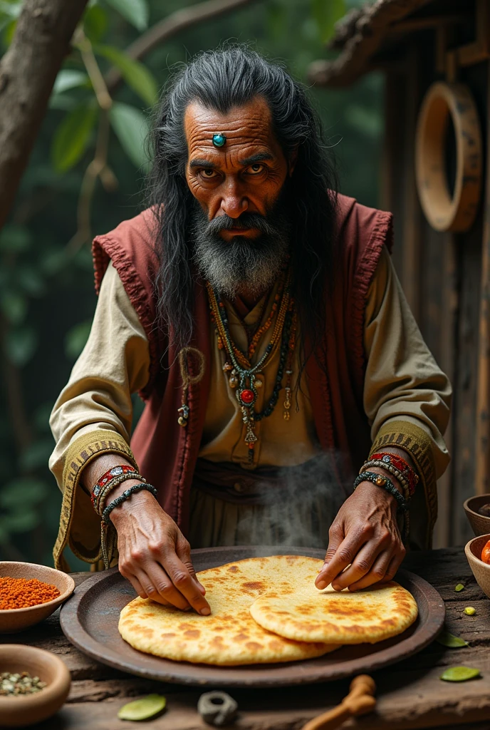 Shaman with a witch-like appearance cooking Venezuelan arepas 
