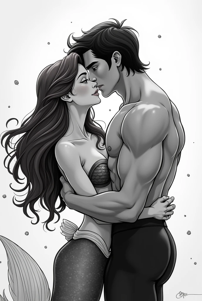 monochrome manga art style of the lustful ariel and prince eric