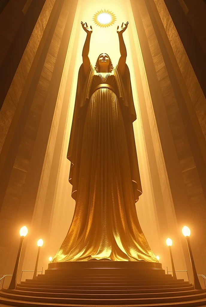 the five-story statue looming over me made of solid gold in the shape of a woman, He has his hands over his head holding a tribute to the sun, since the dome that covers it is made of glass and four torches surround it, sharp focus, dramatic, awarded, cinematic lighting, octane render unreal engine, volumetric dtx