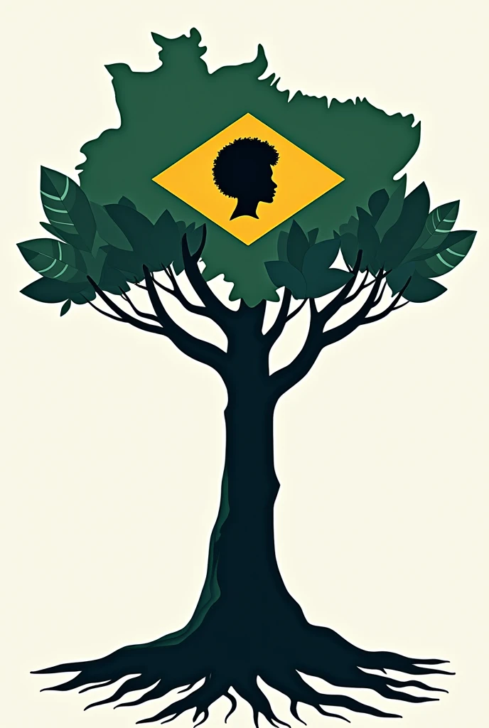 A silhouette of a tree with deep roots, its canopy with large leaves and the shape of Brazil. Inside the blank sheets is the image that represents autism, ther sheet with an image of black power afrodescendant hair, anor sheet with the accessibility symbol.
