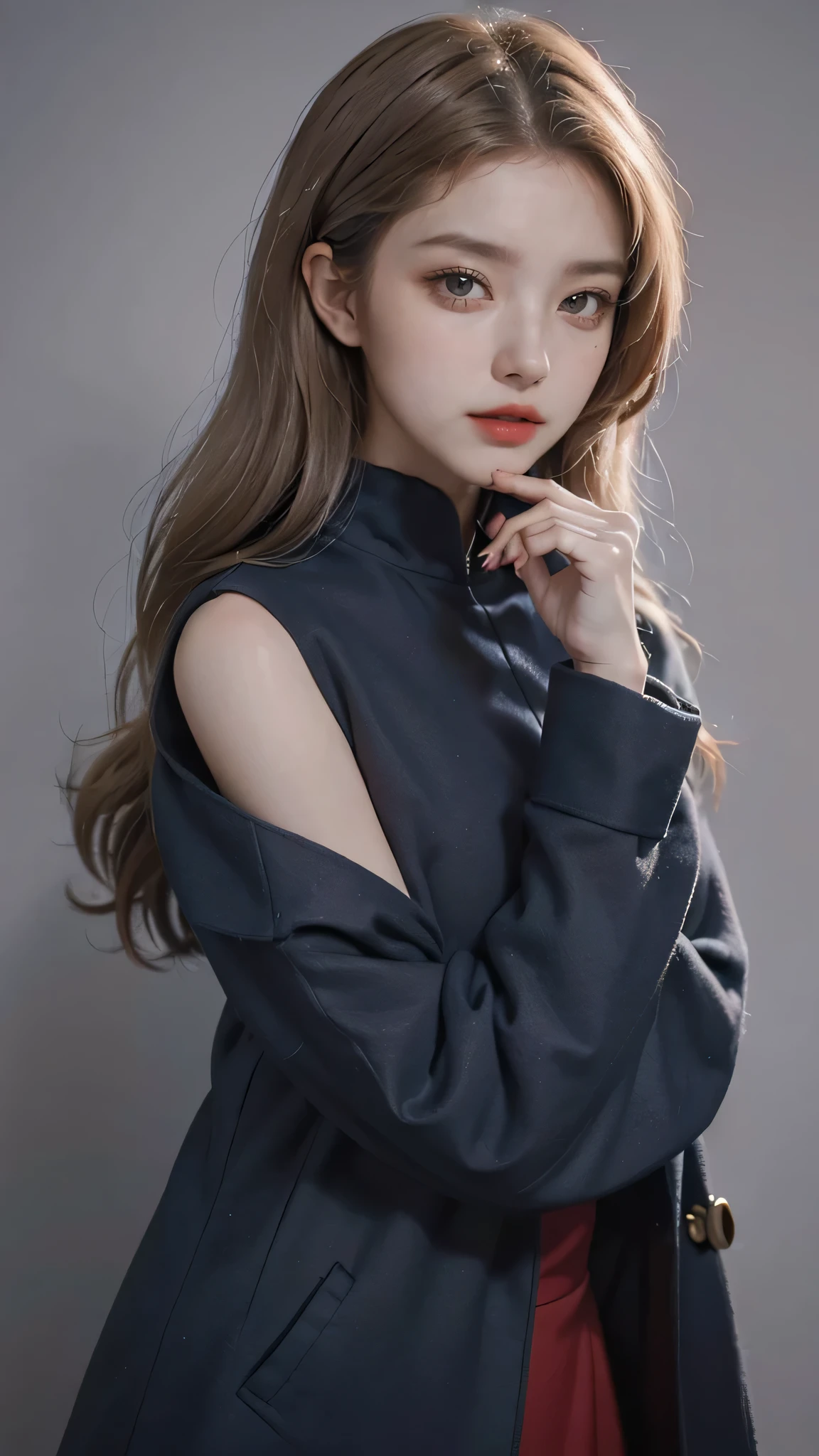 Girl wearing, luxury navy blue coat, shoulder length hair, wavy hair, glowing skin, star in eye, red lips, grey  background, cute poses , upper body, light blonde hair.