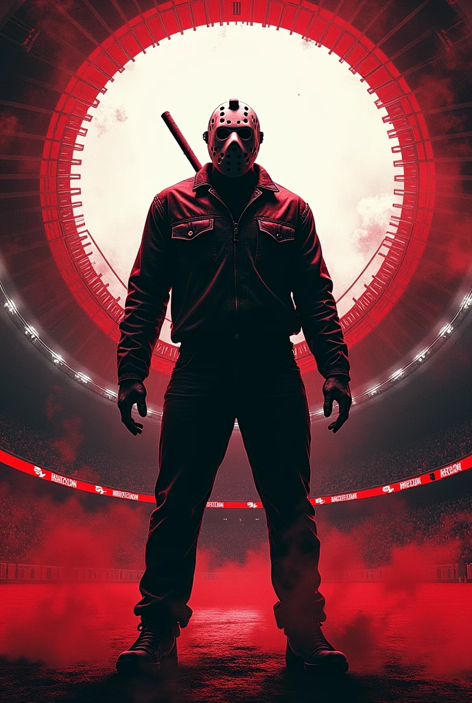 Jason Voorhees with red white black colors and round stadium behind 