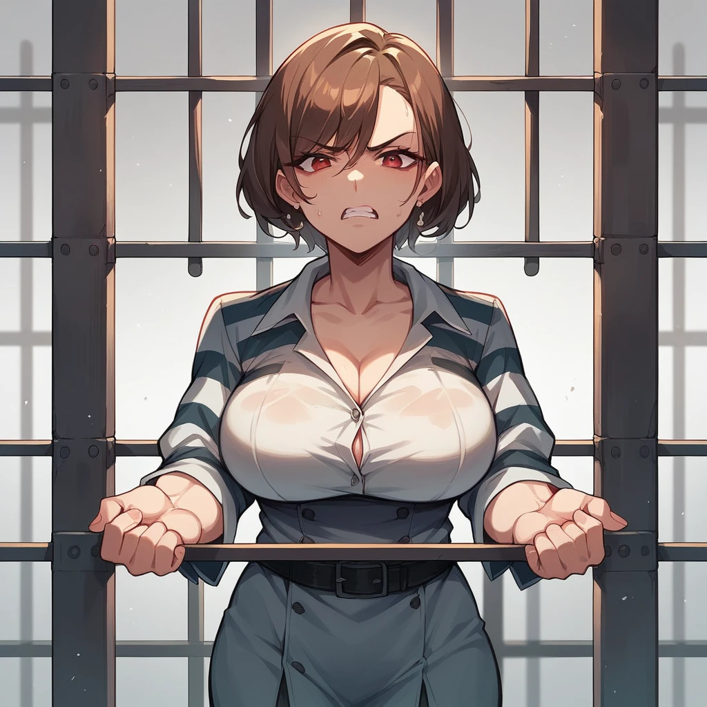 a MILF is angry at you. she is a guard at a prison. she has short brown hair and red eyes.