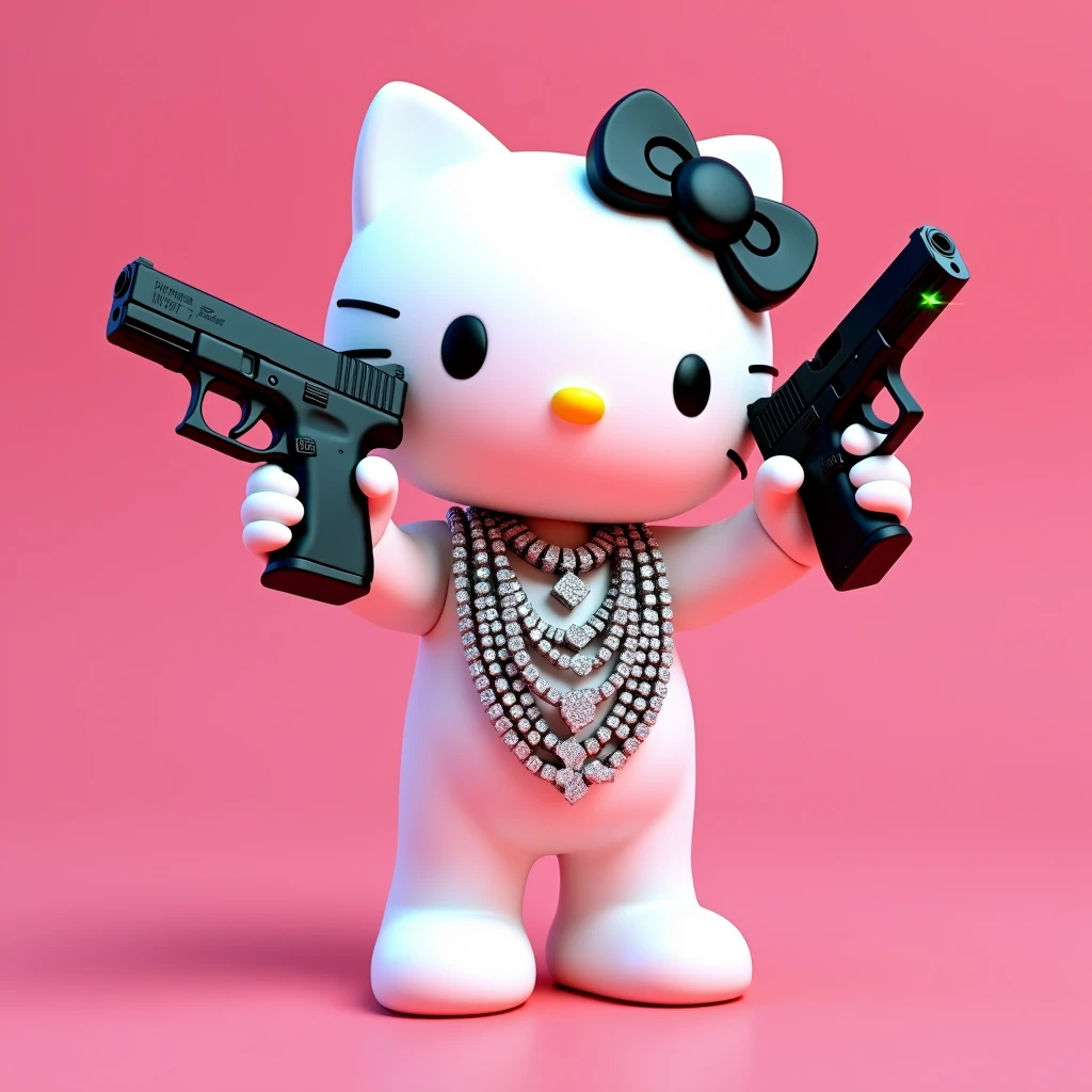 (Hello Kitty white) (3D format) (empty pink background) She has some diamond Cubans on her neck, In one hand (left) He has a black Glock with a powerful green laser., and in the other hand (right) He has a model 38 revolver (pointing to the sky)