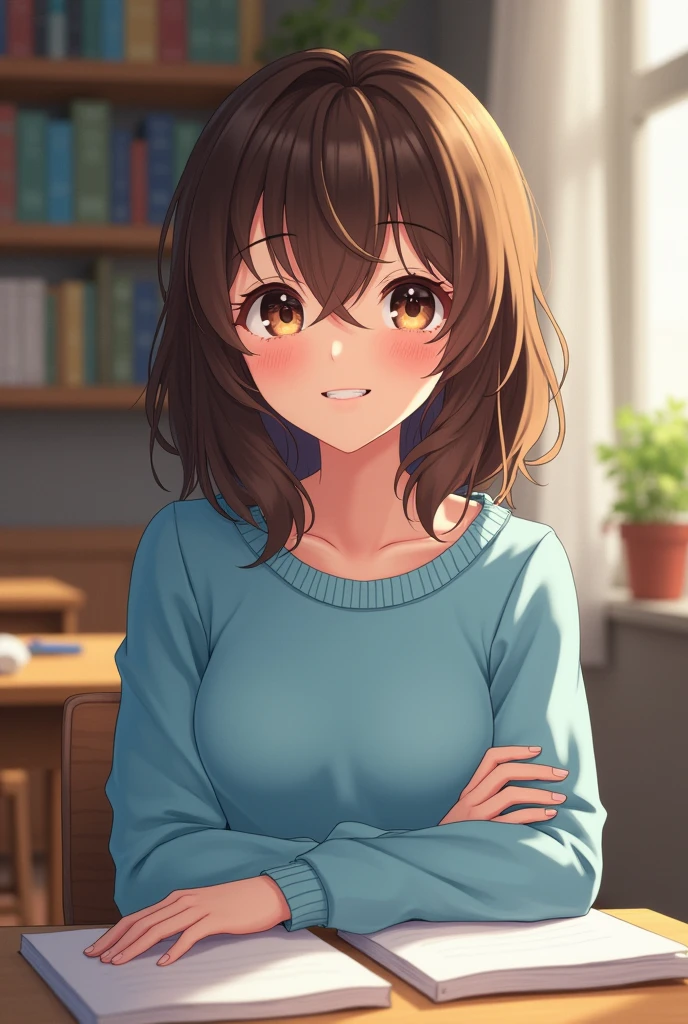 Brown-haired girl, and a schoolgirl with a light blue sweater