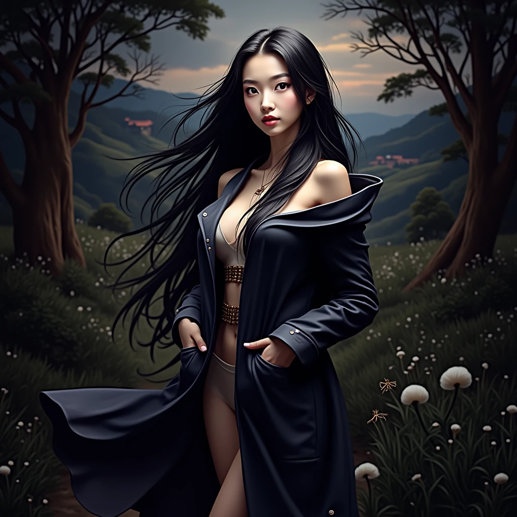 (Realisticity: 1.3), Fine, Quality, Rembrandt Lighting, (Masterpiece: 1.2), (Realisticity: 1.2), (Best Quality), (Skin Details: 1.3), (Intricate Detail), Dramatic, Idyllic, Ray Tracing, 1girl, Chinese Yellow Girl, Long Black Hair, 2, Modern Clothing (Meadow, Sun, Clouds, Fields, Farms, Starlight, Trails)