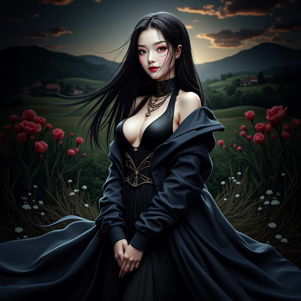 (Realisticity: 1.3), Fine, Quality, Rembrandt Lighting, (Masterpiece: 1.2), (Realisticity: 1.2), (Best Quality), (Skin Details: 1.3), (Intricate Detail), Dramatic, Idyllic, Ray Tracing, 1girl, Chinese Yellow Girl, Long Black Hair, 2, Modern Clothing (Meadow, Sun, Clouds, Fields, Farms, Starlight, Trails)  