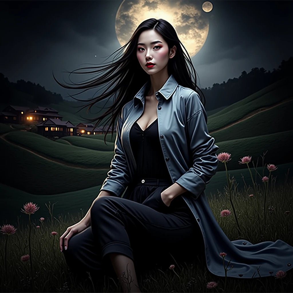 (Realisticity: 1.3), Fine, Quality, Rembrandt Lighting, (Masterpiece: 1.2), (Realisticity: 1.2), (Best Quality), (Skin Details: 1.3), (Intricate Detail), Dramatic, Idyllic, Ray Tracing, 1girl, Chinese Yellow Girl, Long Black Hair, 2, Modern Clothing (Meadow, Sun, Clouds, Fields, Farms, Starlight, Trails)