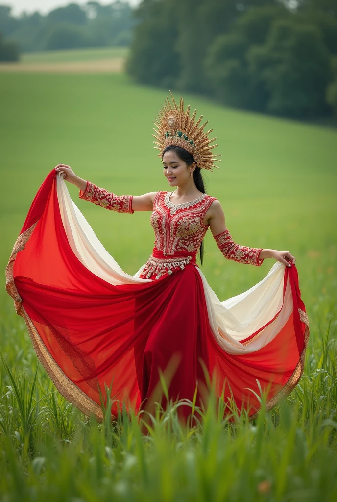 Photoshot of a beautiful woman wearing a red and white colored dress and wearing a mah kota ratu with a beautiful face dancing in a green and wide meadow and holding a long red and white cloth.