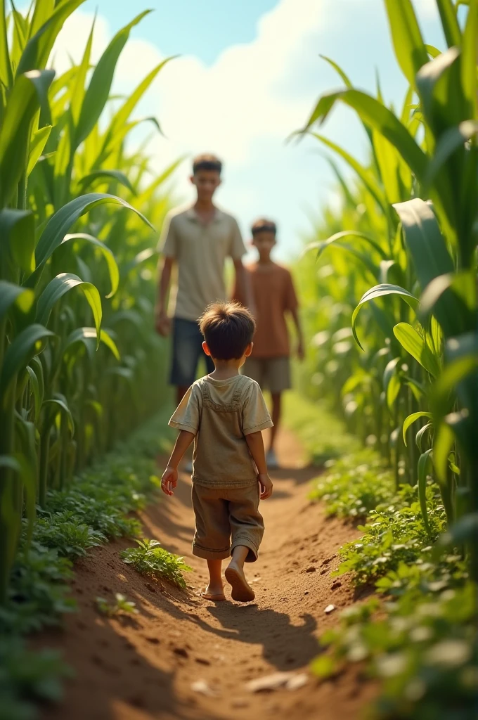Boy accompanying his brother and father in a corn and bean plantation