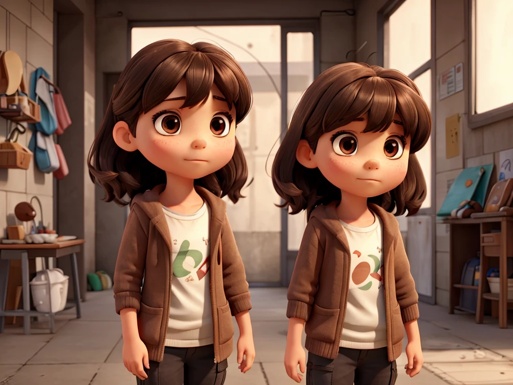 To the urban zone, Show a child, Female Gender, long dark brown hair, with bangs and dark eyes, beside her grandmother