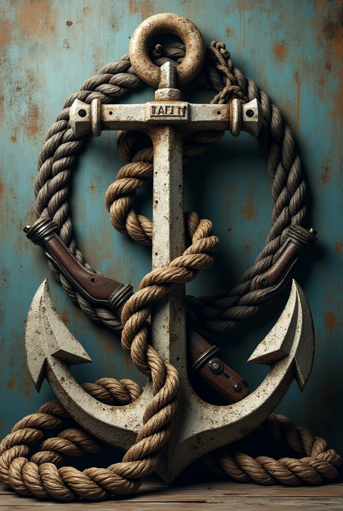 Anchor with tangled rope and rifles in X surname marin