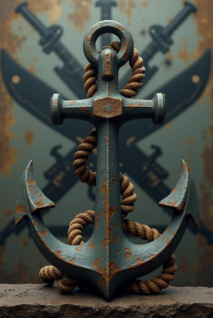 Anchor with tangled rope and rifles in X surname marin