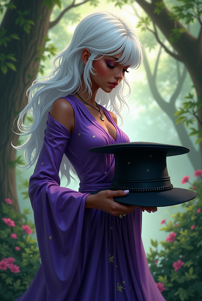 Make one with black skin and freckles that look like stars, she has white hair and bangs, she is in the forest, she is wearing a purple witch outfit , she is holding the sorting hat, high resolution,breastsout,