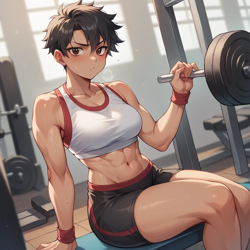 your tomboy looking buff female friend is blushing at a gym. she has gym clothes on. she is tanner and has short black hair and black eyes.