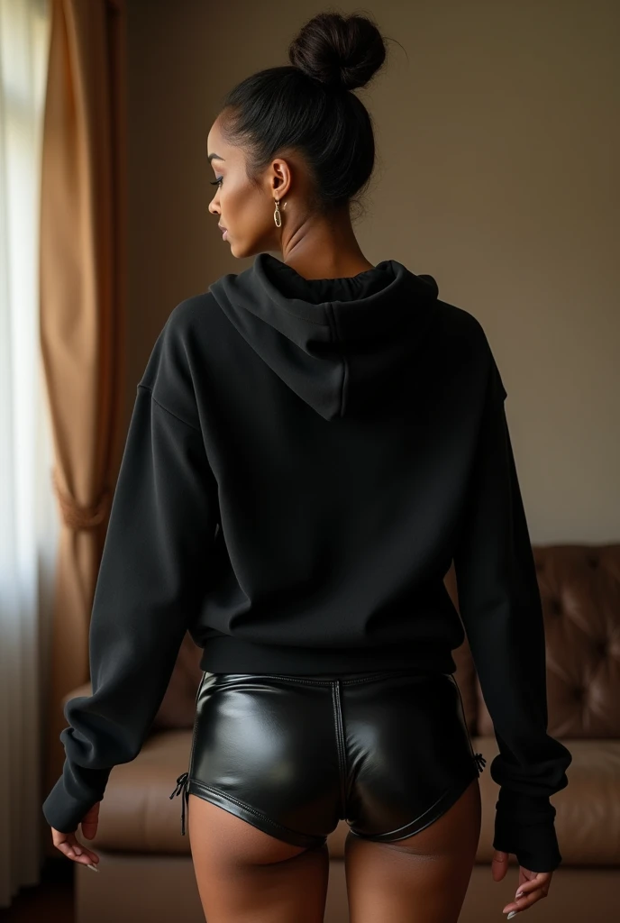 black woman hair in a bun black hoodie black leather short shorts being fucked in the ass by a old grandma in a dress