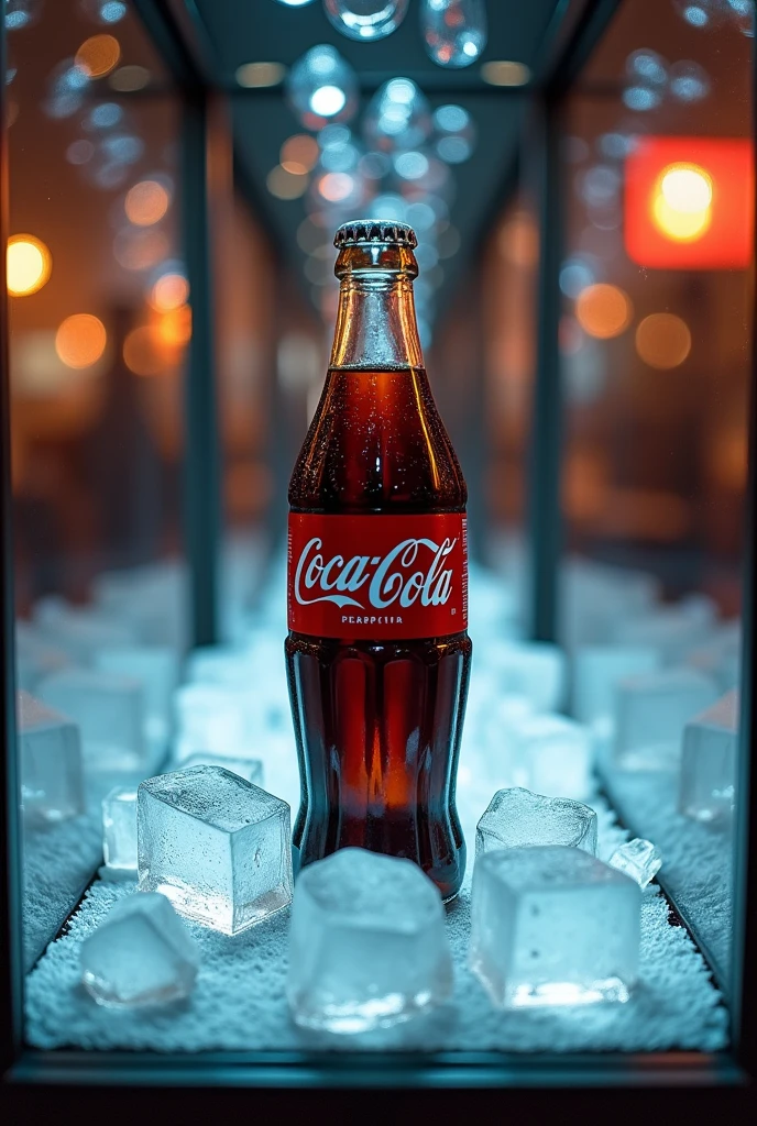 closed display case with a large coca cola bottle, a little crooked, in the middle of several ices and a feeling of freshness all around