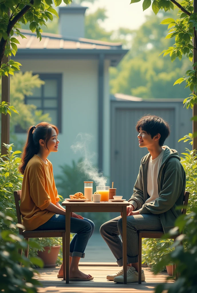 A young man shorty black messy haircut, wear t-shirt jacket strip jeans pant, sit down while crossed both legs in chair outdoor yard ordinary house him, on beside him a young beauty woman ponytale hair, coffee mix, fried cake, milk juice pack, all in table side him, natural, thin smoke, sweetly smile, morning, lighting lamp, leafy plants around his house, fresh the air, real hyper realistic, real human japanese, UHD 8k, detailed photo, perfect face, detailed places, landscape, full body,photo was taken from a distance outdoor yard ordinary house him