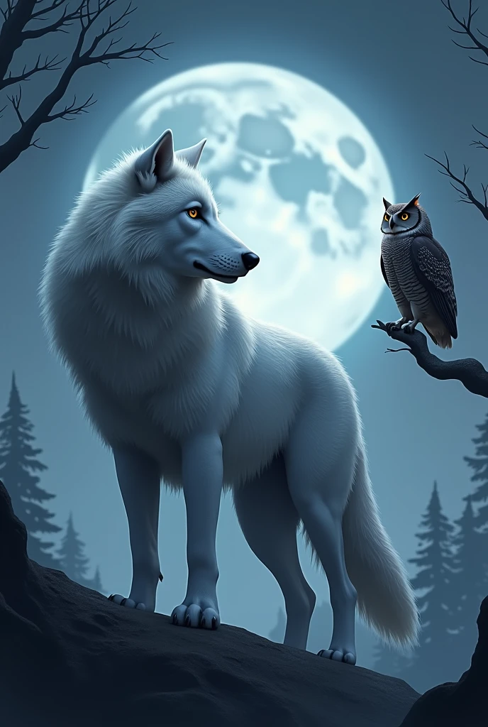 Realistic wallpaper with a big white wolf and an owl with a moon