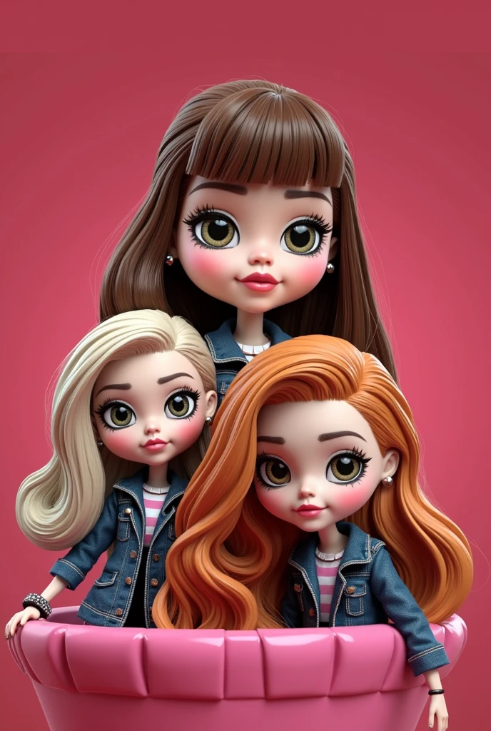 3d illustration Bratz doll with bangs 3 different brunette, blonde and redhead separated