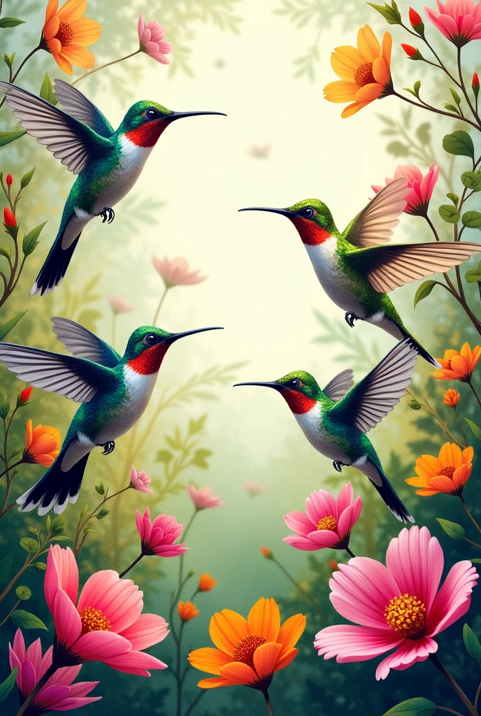 A vibrant and colorful illustration of hummingbirds and flowers filling the page. The scene is lively and full of energy, with the hummingbirds captured in mid-flight, their wings a blur of motion as they hover around the brightly colored blossoms. Realistic Image