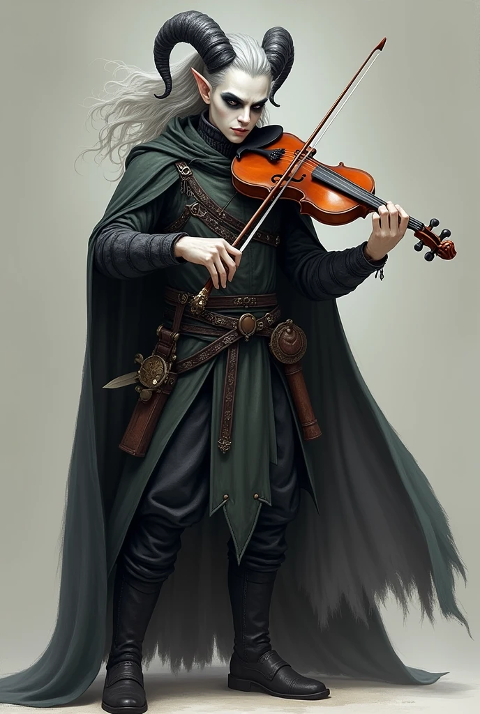 humanoid changeling character male bard with a violin and a rapier equipped using a cape and a dagger on the left thigh with white skin black eyes and smoke-colored gray hair obs: without ears and without horns