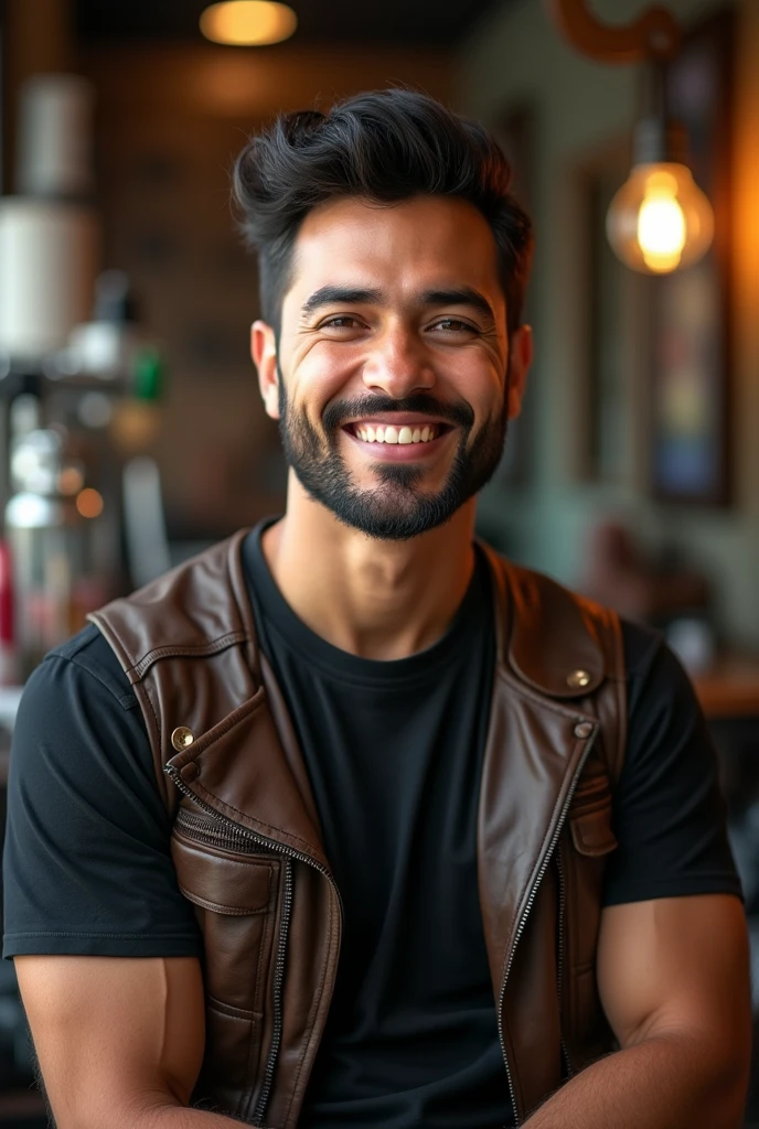 Portrait of a Latin Barber, moreno , short black hair friendly smile, wearing a black t-shirt and a leather vest, blurred background of a barbershop."