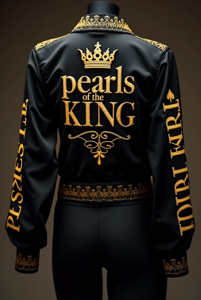 To create the black blouse with gold lettering and the specific details you mentioned, follow these suggestions:
1. **Front of the blouse:**
- Text: “Pearls of the King” in gold letters.
- Add a crown above or to the side of the text, as you prefer.
2. **Back of blouse:**
- Cell member name in gold letters. Choose a font that is legible and elegant.
3. **Blouse Sleeves:**
- Area 243 in gold letters on each sleeve. Can be positioned on the arm or wrist, depending on the design.