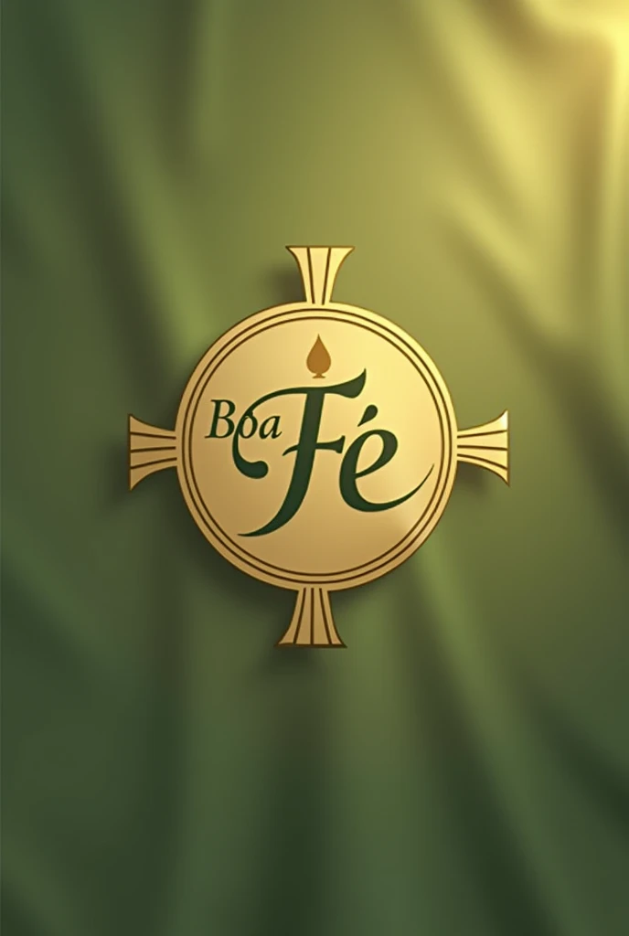 An art for an evangelical flag in olive green color, with a simple round golden coat of arms with the name good faith in Portuguese and a symbol of a seed.