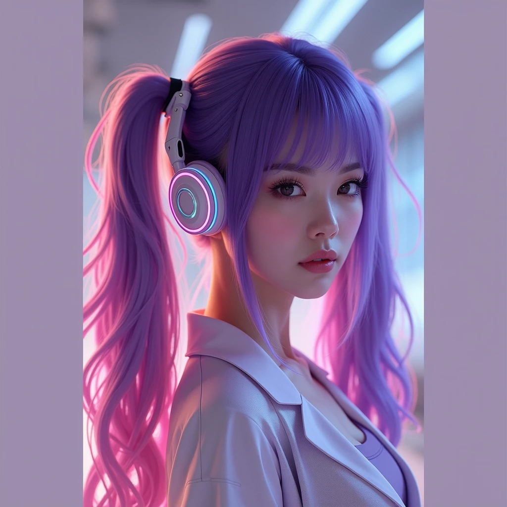 Mulher borboleta de cabelo roxo coreana de fone de ouvido com short roxo eHere is a detailed prompt for creating an image:
"A Korean woman with long, purple hair styled in two pigtails (Maria Chiquinha) stands confidently. She is depicted as a butterfly-themed figure with delicate, iridescent wings extending from her back. She wears a sleek, form-fitting scientist's outfit with a sexy twist, featuring a lab coat that is slightly open to reveal a stylish, tech-inspired bodysuit underneath. The woman also sports a pair of futuristic headphones. In one hand, she holds a syringe with a glowing liquid inside, giving off a sense of mystery and power. The background should be a blend of high-tech lab elements mixed with ethereal, butterfly-themed details, creating a fusion of science and fantasy." preto corpo inteiro faça essa imagem de corpo inteiro corpo inteiro corpo inteiro em laboratório