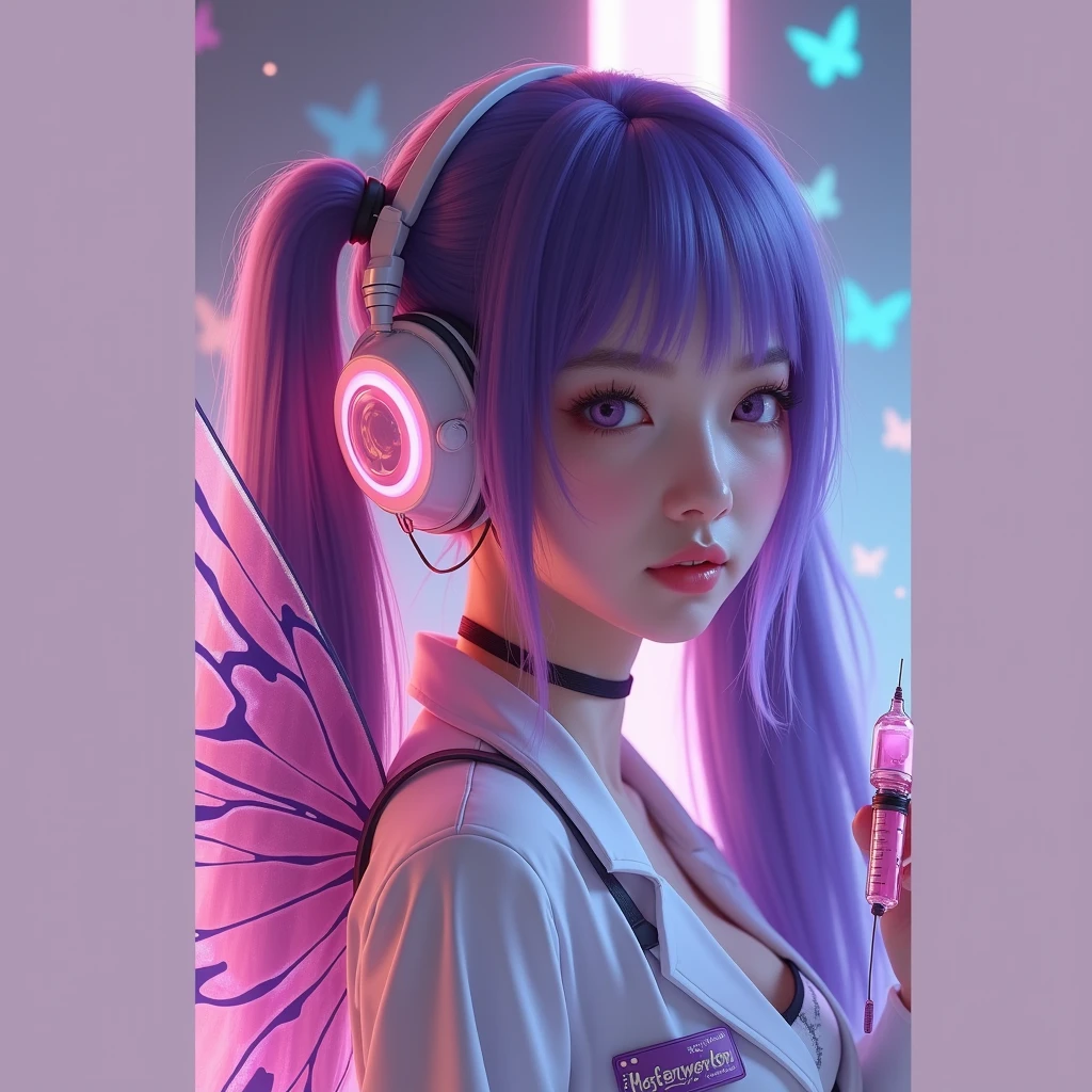 Mulher borboleta de cabelo roxo coreana de fone de ouvido com short roxo eHere is a detailed prompt for creating an image:

"A Korean woman with long, purple hair styled in two pigtails (Maria Chiquinha) stands confidently. She is depicted as a butterfly-themed figure with delicate, iridescent wings extending from her back. She wears a sleek, form-fitting scientist's outfit with a sexy twist, featuring a lab coat that is slightly open to reveal a stylish, tech-inspired bodysuit underneath. The woman also sports a pair of futuristic headphones. In one hand, she holds a syringe with a glowing liquid inside, giving off a sense of mystery and power. The background should be a blend of high-tech lab elements mixed with ethereal, butterfly-themed details, creating a fusion of science and fantasy." preto  corpo inteiro faça essa imagem de corpo inteiro  corpo inteiro corpo inteiro em laboratório 