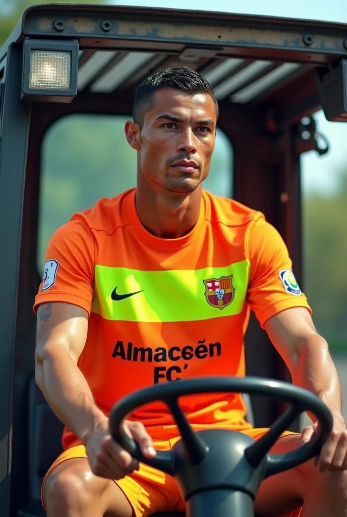 Cristiano Ronaldo wearing an orange shirt with a fluorescent green stripe in the middle that says Almacén FC and driving a forklift.