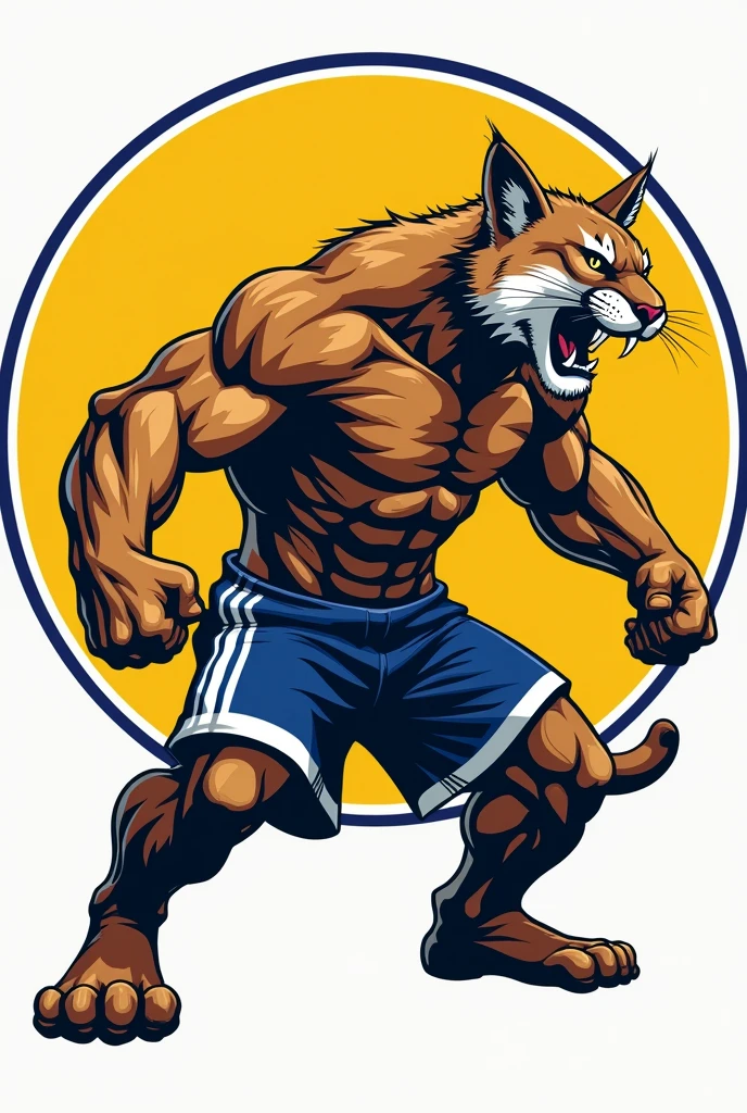 create an illustration for university athletics, use the size accepted for graphics. The frame border needs to be circular, Inside the frame, put an anthropomorphic and hypertrophied puma, centralized, From the waist up, the left arm must be flexed, displaying the muscles, the right arm stretched out, the expression is one of ferocity, aggressiveness, showing teeth, in a way that demonstrates grandeur, make her hairy. use yellow colors in the composition, blue and white. the puma is a feline with brown fur/brown skinned, do it using shorts.