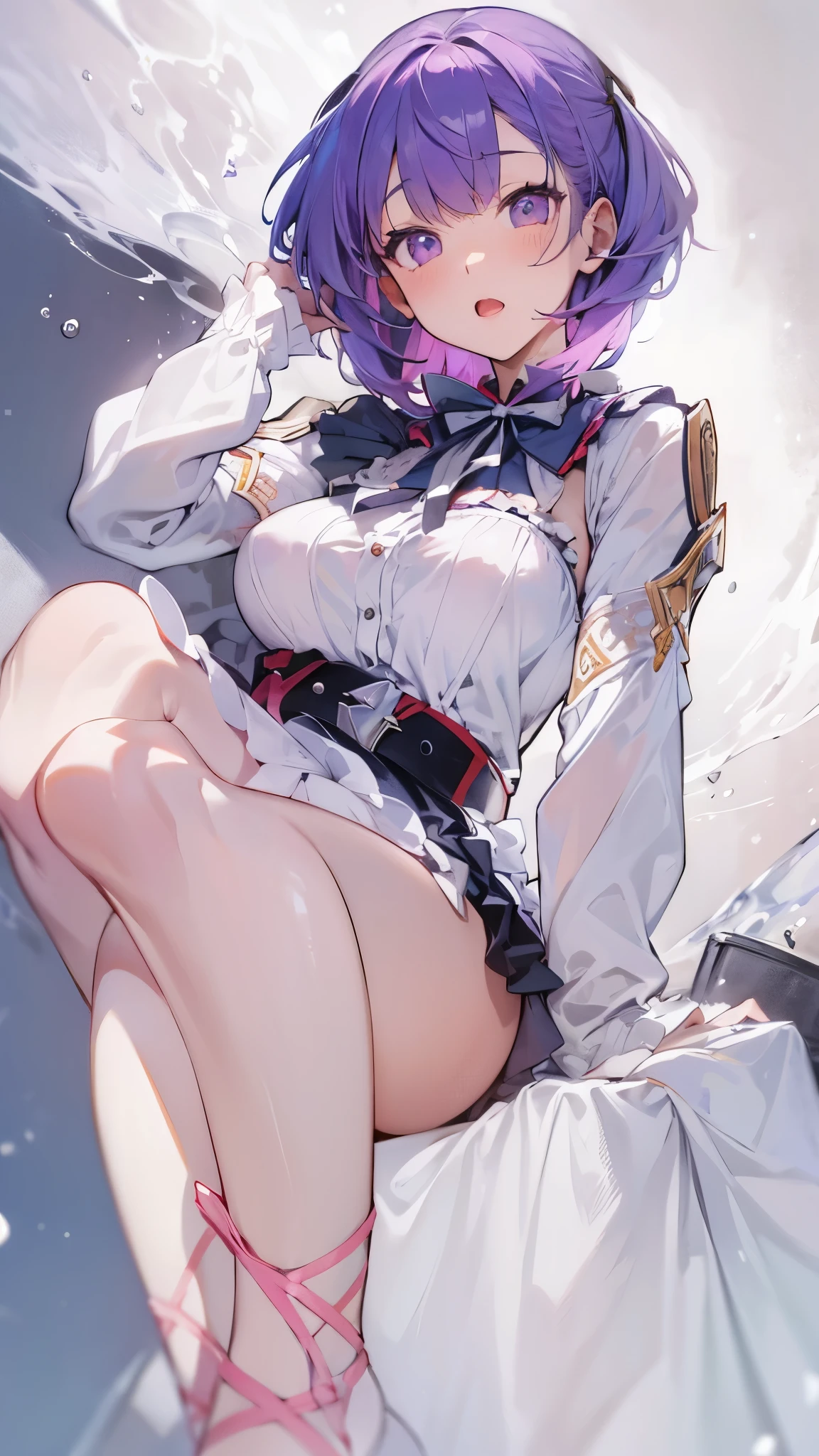 NSFW,masterpiece,Highest quality,High resolution,Very detailed,Helena Blavatsky、Purple Hair、short hair、(Purple eyes:1.1)、Shoulder Bare、belt、beret、ribbon、- Detachable collar、Removable sleeves、hat、leotard、紫色のhat、紫色のleotard、赤いbelt、白いribbon、White sleeves、