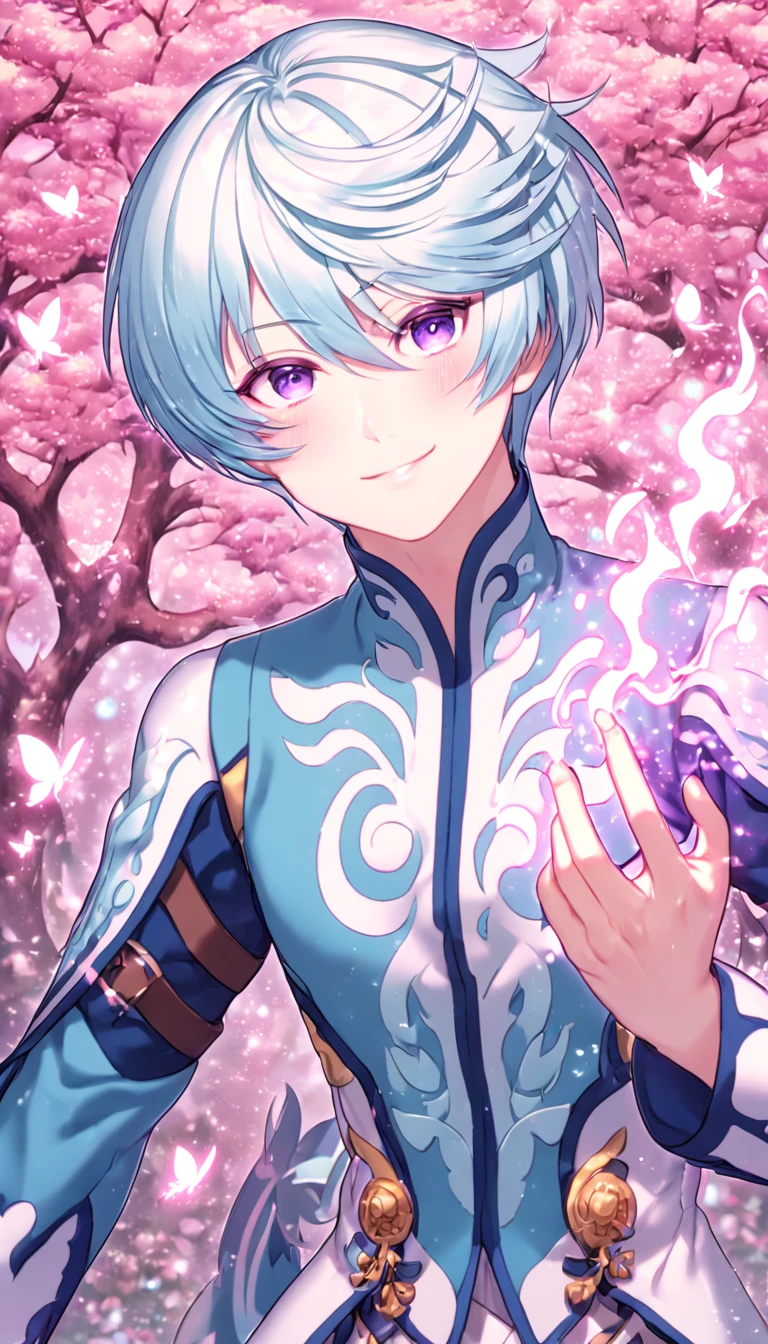 absurdres, highres, ultra detailed, HDR, master piece, best quality, extremely detailed, detailed eyes, Mikleo, white hair, expressive purple eyes, Tales Of Zestiria, solo, sexy man, sensual, handsome, smile, adult face, light-blue clothes, white patterns, under a pink tree, fantasy, magical, glittering fireflies, pink butterflies, pink flames, magic, pink leaves