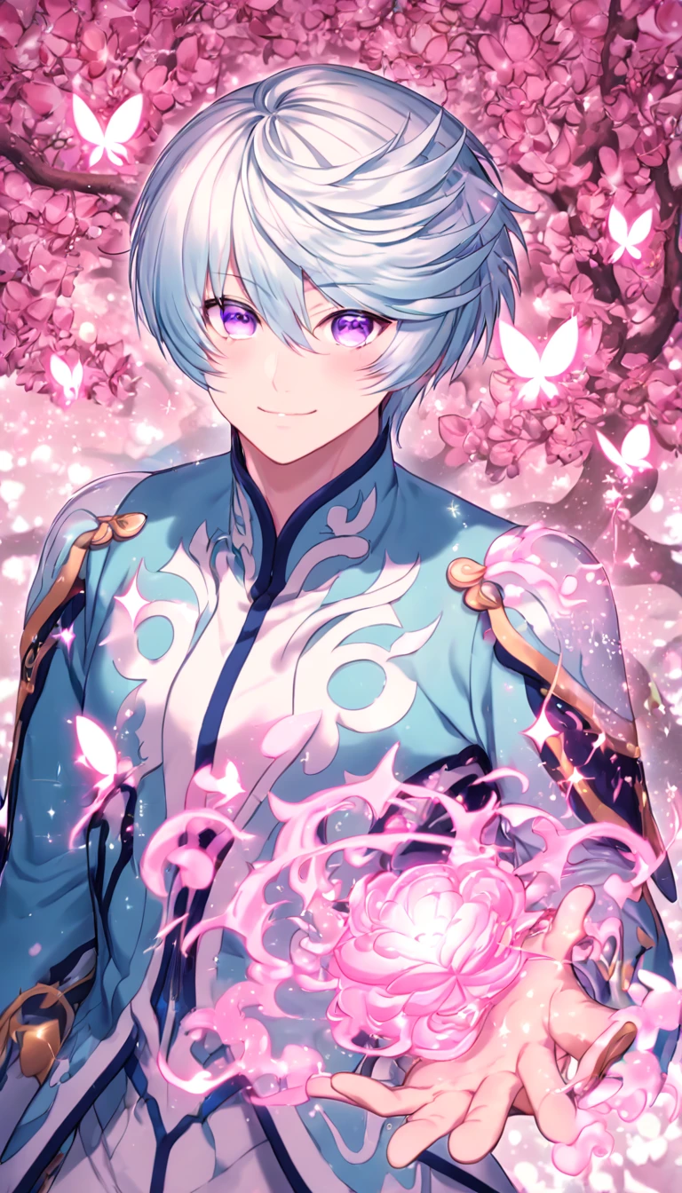 absurdres, highres, ultra detailed, HDR, master piece, best quality, extremely detailed, detailed eyes, Mikleo, white hair, expressive purple eyes, Tales Of Zestiria, solo, sexy man, sensual, handsome, smile, adult face, light-blue clothes, white patterns, under a pink tree, fantasy, magical, glittering fireflies, pink butterflies, pink flames, magic, pink leaves