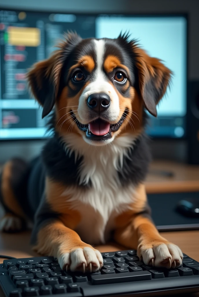 : A picture of a dog sitting in front on a keyboard and computer, looking smug and stressed 