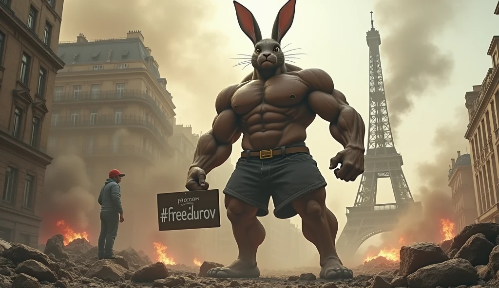 Rocky Rabbit with a six-pack body and a very tall height destroys the city of Paris, the buildings collapse due to the power of Rocky Rabbit, dust and smoke rise and the Eiffel Tower catches fire, there is a sign in Rocky Rabbit's hand that says # FREEDUROV