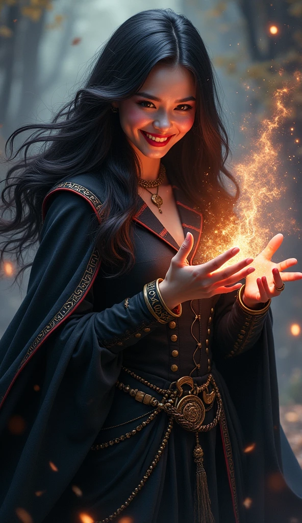 Create a semi-realistic and stylized image of a powerful and stunning witch with an intense, mocking laugh. She should appear young and beautiful, with luminous skin and long, shiny hair in a deep tone like black or red. The witch is wearing an elegant and sophisticated cloak adorned with magical details such as runes or esoteric symbols. She is casting magic, with a glowing aura and magical energy beams emanating from her hands, creating enchanting shapes around her. The background should be mystical and intriguing, with subtle magical effects, emphasizing the witch’s power and beauty while her laugh adds a touch of irony and control.